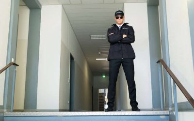 A security guard from one of the top security guard agencies, wearing sunglasses, a black jacket, and a black cap, stands with arms crossed at the top of a stairway in a brightly lit hallway. The hallway features white walls, light gray doors, and overhead fluorescent lights.